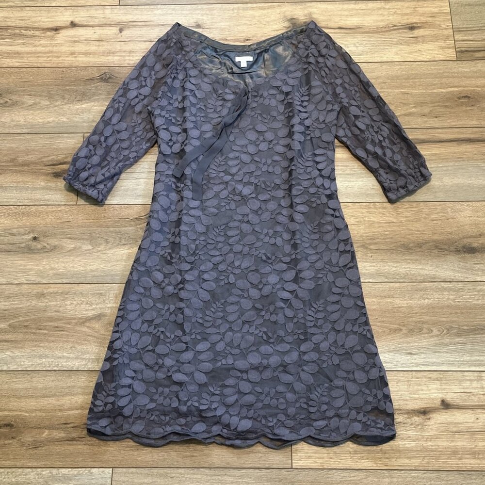 Garnet Hill Boheme Dress SZ 6 Gray Easy Lace Overlay 3/4 Sleeve Midi Shift